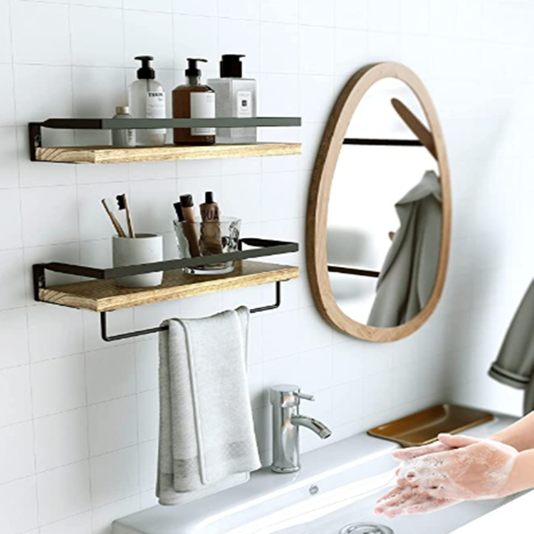 Customized handmade floating shelves bathroom shelf with towel bar