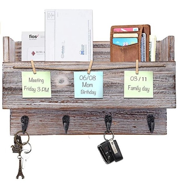 Wood Wall Mounted 4 Key Holder Hooks with Memo Clips,Entryway Organizer for Letter Mail Holder