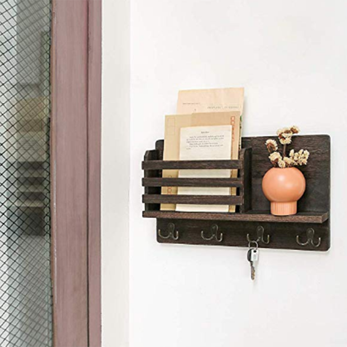 Wall Mounted Mail Holder Wooden Mail Sorter Organizer with 4 Double Key Hooks and A Floating Shelf