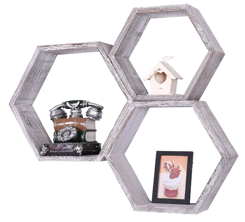 Decorative Hanging Wall Mounted Wooden Picture Ledge Hexagon Shelf Organizer Hanging for Home Decor