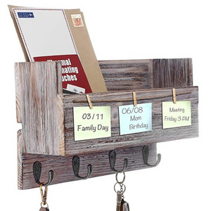 Wood Wall Mounted 4 Key Holder Hooks with Memo Clips,Entryway Organizer for Letter Mail Holder