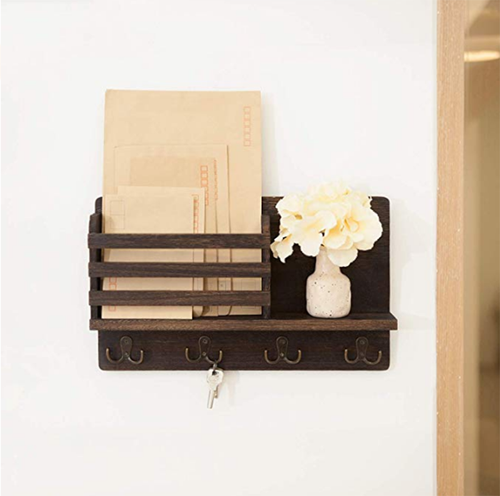 Wall Mounted Mail Holder Wooden Mail Sorter Organizer with 4 Double Key Hooks and A Floating Shelf