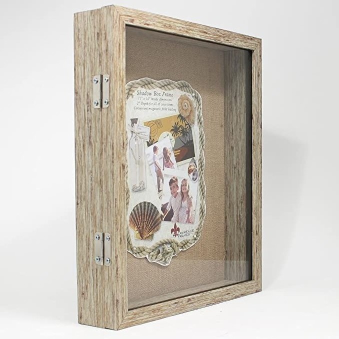 Wholesale Wooden Picture Frame, Weathered Front Hinged Shadow Box Frame with Burlap Display Board