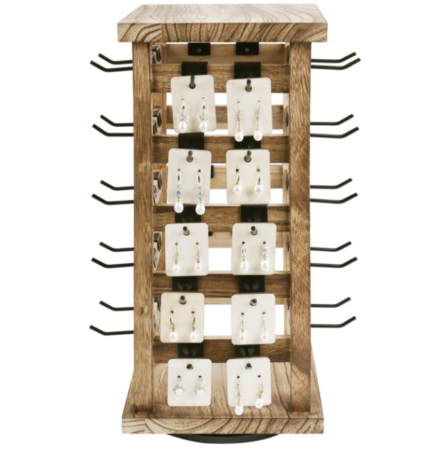 Natural Wood Rotating Jewelry Storage Display with 42 Hooks Wooden Hanging Accessories Tower