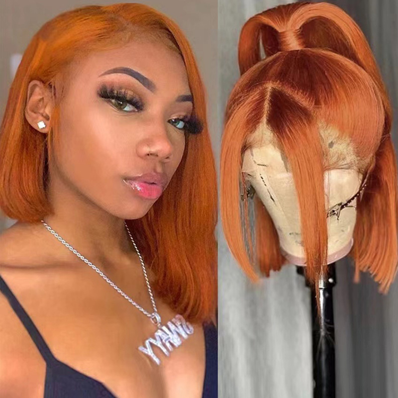 Short Bob 350 Ginger Orange Color Human Hair Lace Front Wigs Highlight 4/27 Brown Ombre Remy Pre-Plucked Swiss Lace Frontal Wigs