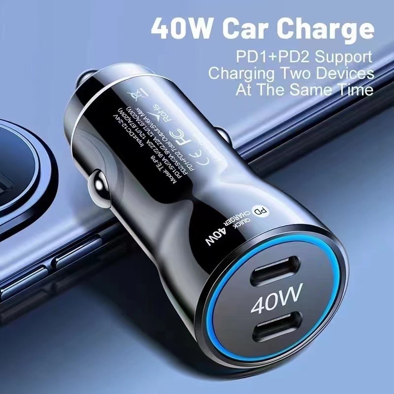 Multi Portable Phone Car Charger 40W 2 Port PD Qc3.0 Mobile 2 In 1 Dual Fast Charging Car Charger For Car