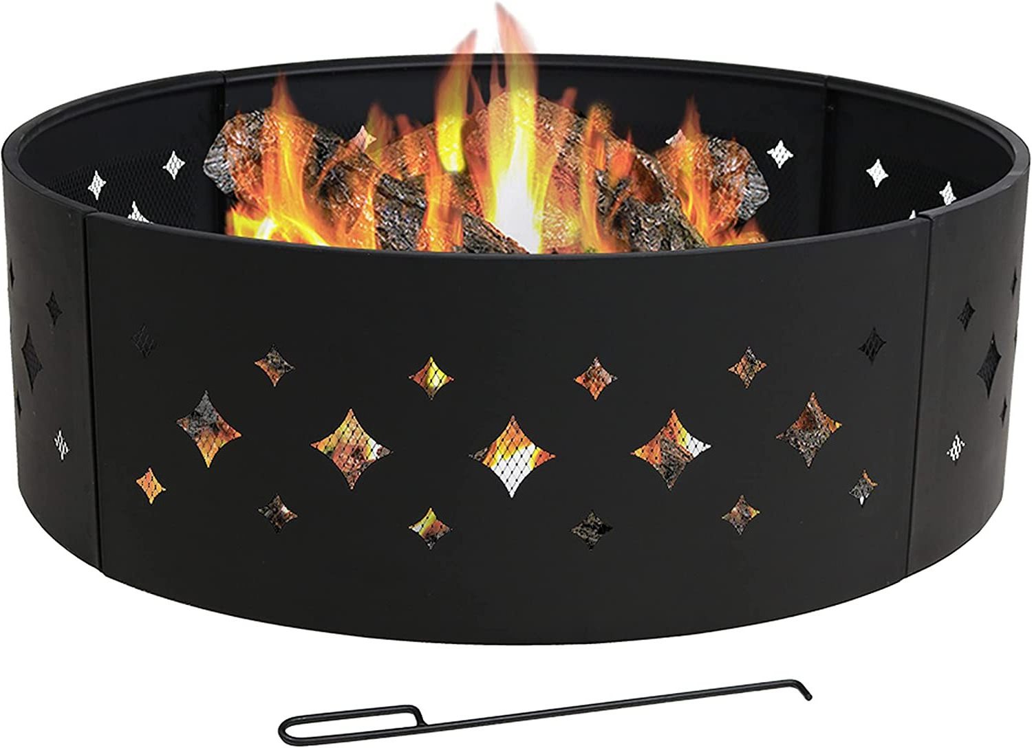 Modern Diamond Fire Pit Campfire Ring - Large Round Outdoor Heavy Duty Metal Wood Burning Firepit with Fire Poker  36 Inch