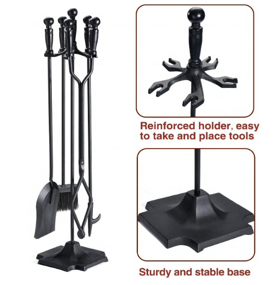 Fireplace Tools Set 5 Pieces  Heavy Duty Cast Iron Fire Place Tool Set for Indoor Fireplace and Outdoor Fire Pit