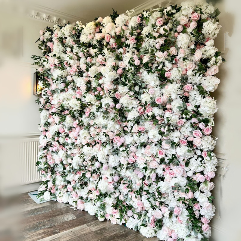 Oem 8*8ft Cloth 2 Piece 3D 5D Roll Up Flower Wall Backdrop Wedding Rose Backdrop Fabric Floral Wall Panel WED White Flower Wall