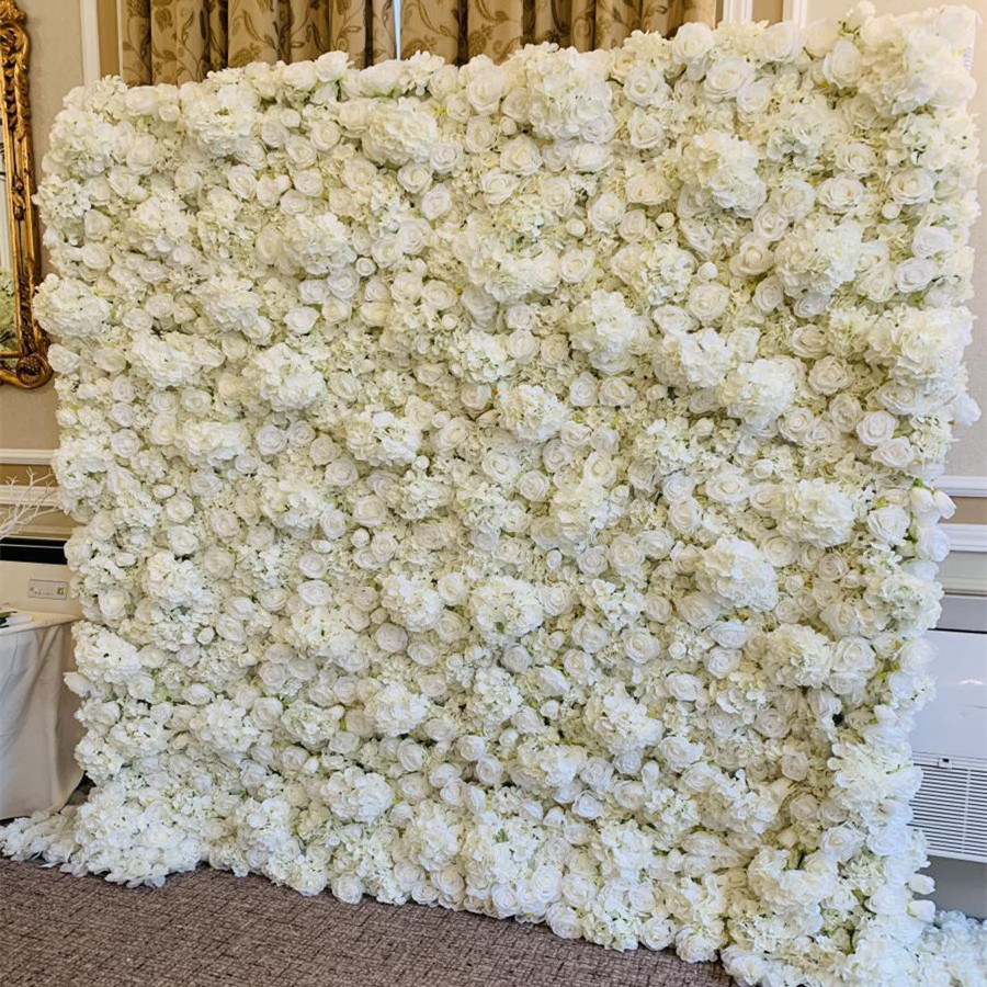 Oem 8*8ft Cloth 2 Piece 3D 5D Roll Up Flower Wall Backdrop Wedding Rose Backdrop Fabric Floral Wall Panel WED White Flower Wall