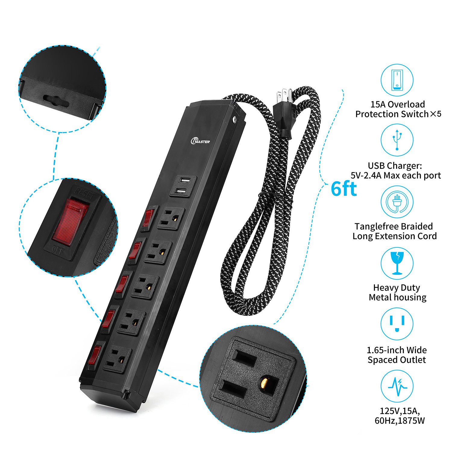 us 5 outlet safety individual switches surge protector power socket strip with usb