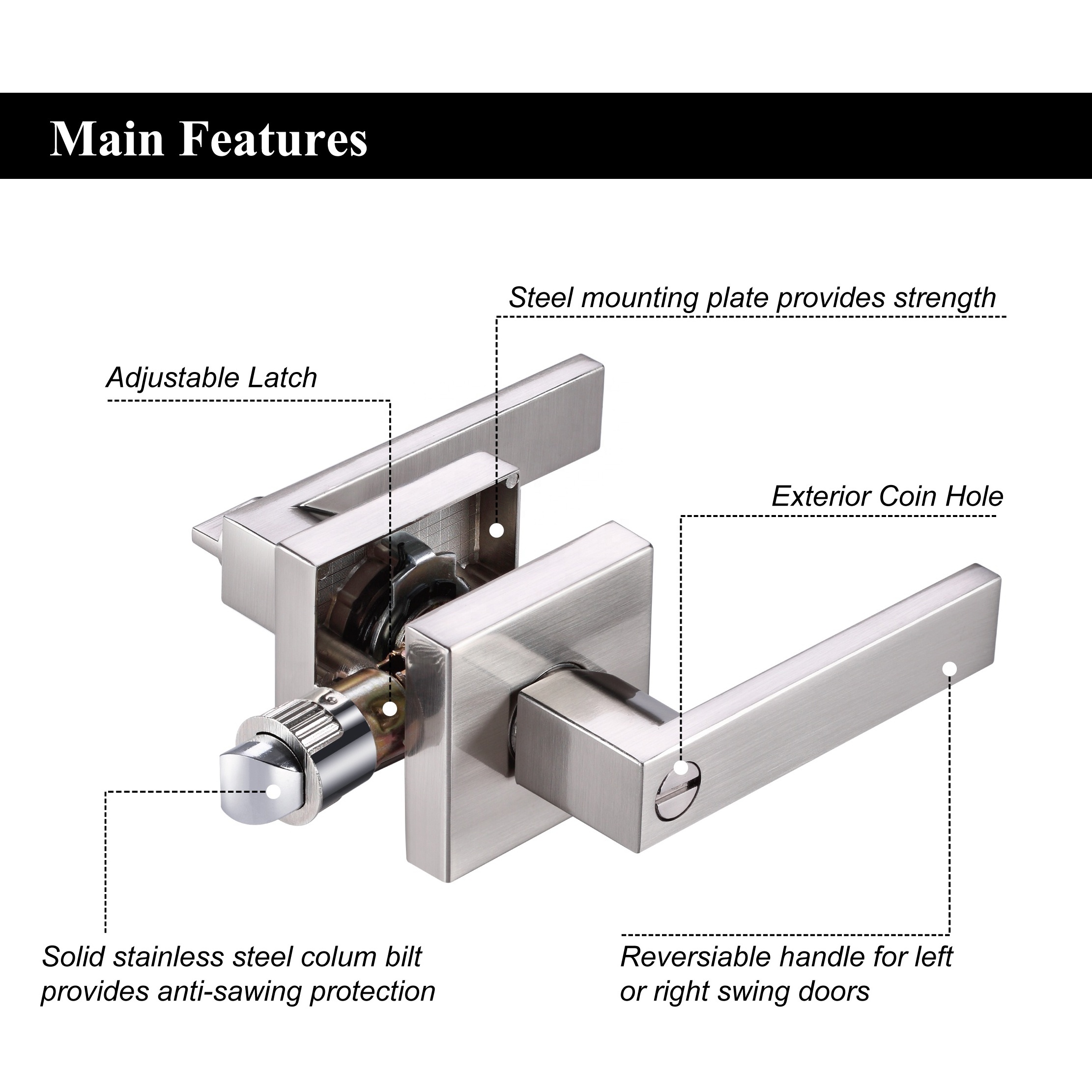 American Heavy Duty Square Door Levers bedroom Bathroom Door Knobs Privacy Silver color keyless entry Door Locks