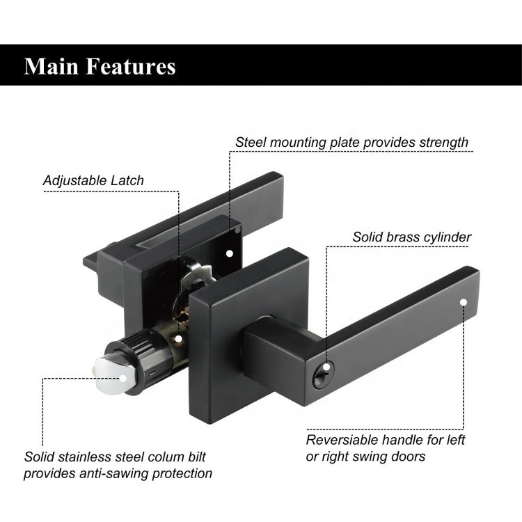 Heavy Duty Privacy Door Handle Interior Lever Lock Square 3 Lever door Handle Bedroom/Bathroom Tubular Lever Door Lock set