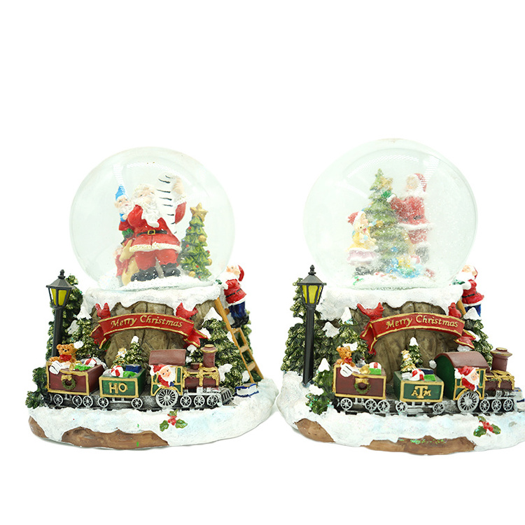 Merry Christmas Resin Crafts Bear Tree Santa Claus Train Girl Boy Snowing Led Water Globe With Music