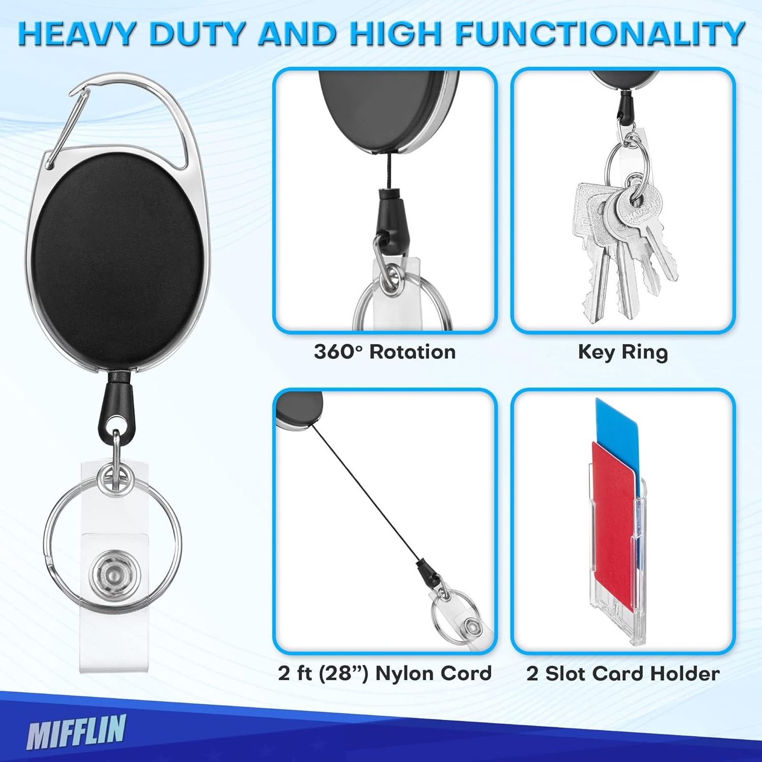 Mifflin Rigid ID Badge Holder w/Retractable Reel Clip (Clear, 2 Pack), Horizontal or Vertical Heavy Duty Name Card Reels