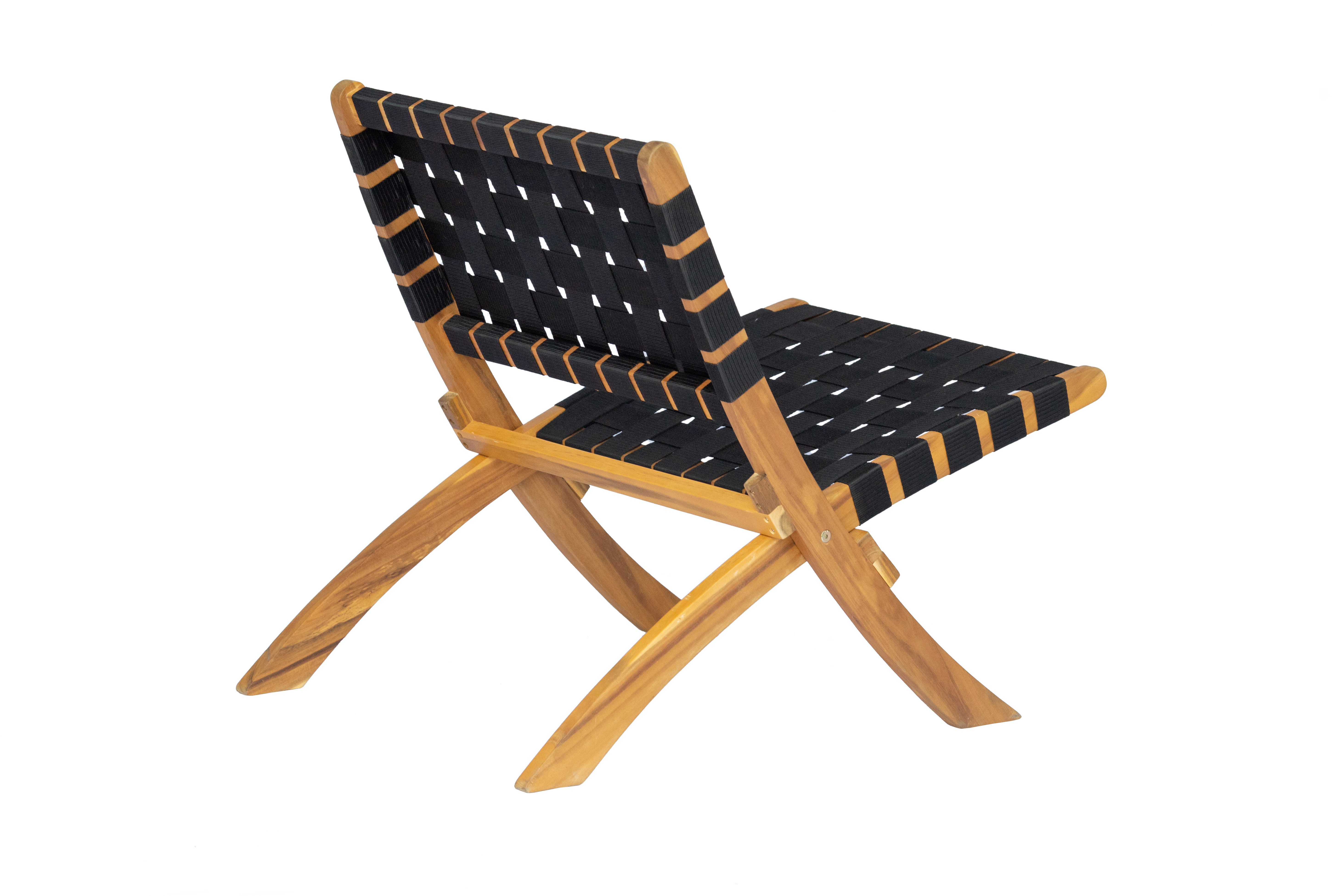 Indoor Outdoor Folding Chair All Weather Wicker Low Slung Portable Seating Solid Acacia Wood Woven- Black Webbing