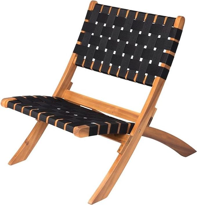 Indoor Outdoor Folding Chair All Weather Wicker Low Slung Portable Seating Solid Acacia Wood Woven- Black Webbing