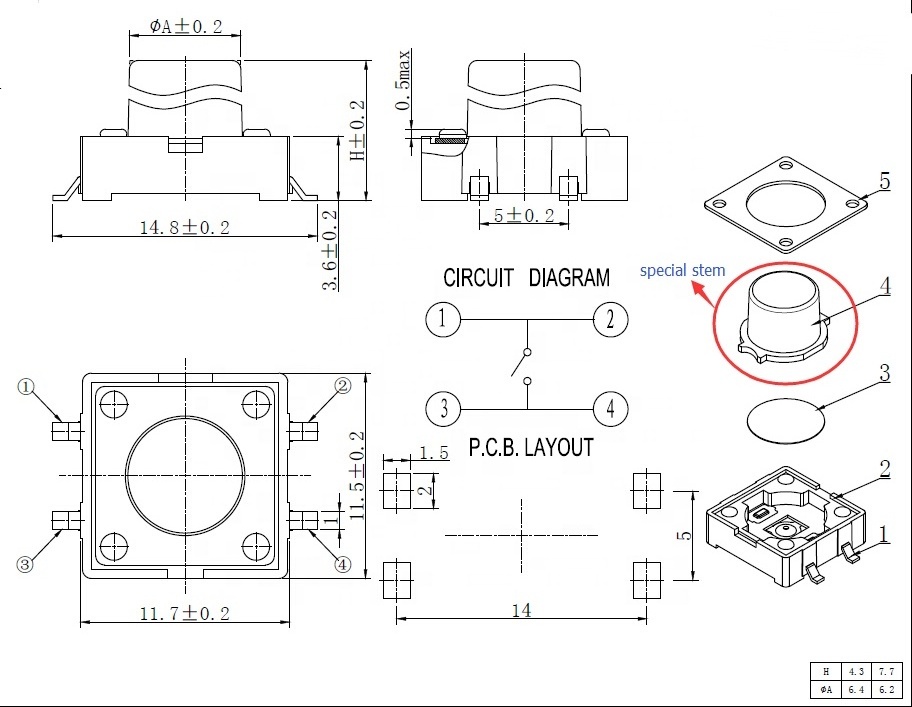 12X12 SMD Tact Switch with Special Stem Pushbutton Switch Tactile Switch TSA12319-H4.3~13mm T/R Packing -25 to 70