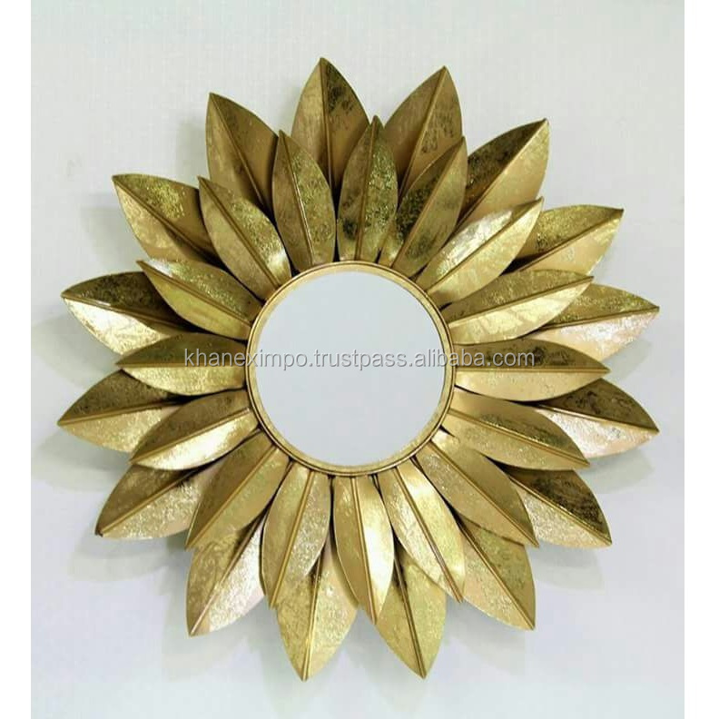 KHAN EXIMPO Sunflower Metal Luxury Wall Mounted Decoration Mirror Handmade Designer Mirror Sculpture Metal Glass Wall Art