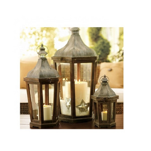 Indoor Outdoor Rustic Wooden Candle Hurricane Lantern for Table Top Hanging