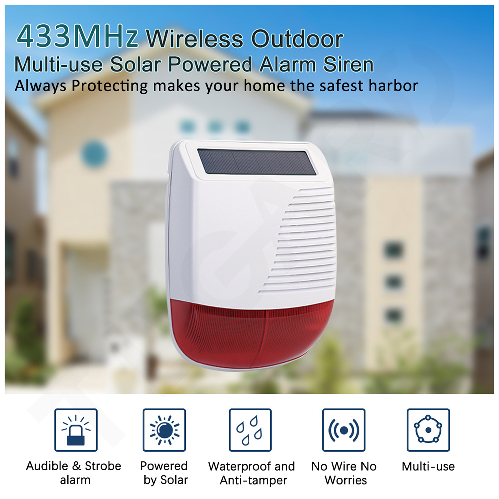 Siren Alarm Wireless Outdoor Solar Waterproof Strobe Siren For Home 120db High Decibel 433MHz Burglar Security External Siren