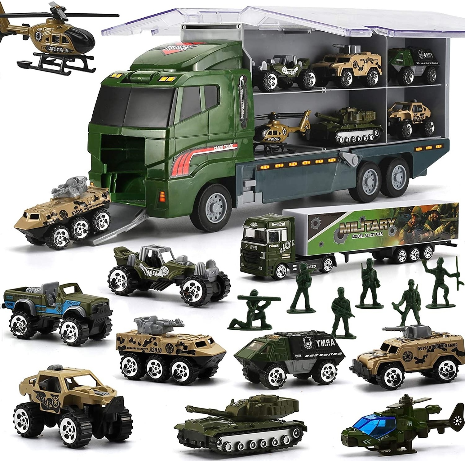 Custom Military Truck with Soldier Men Set Mini Die-cast Battle Car in Carrier Truck