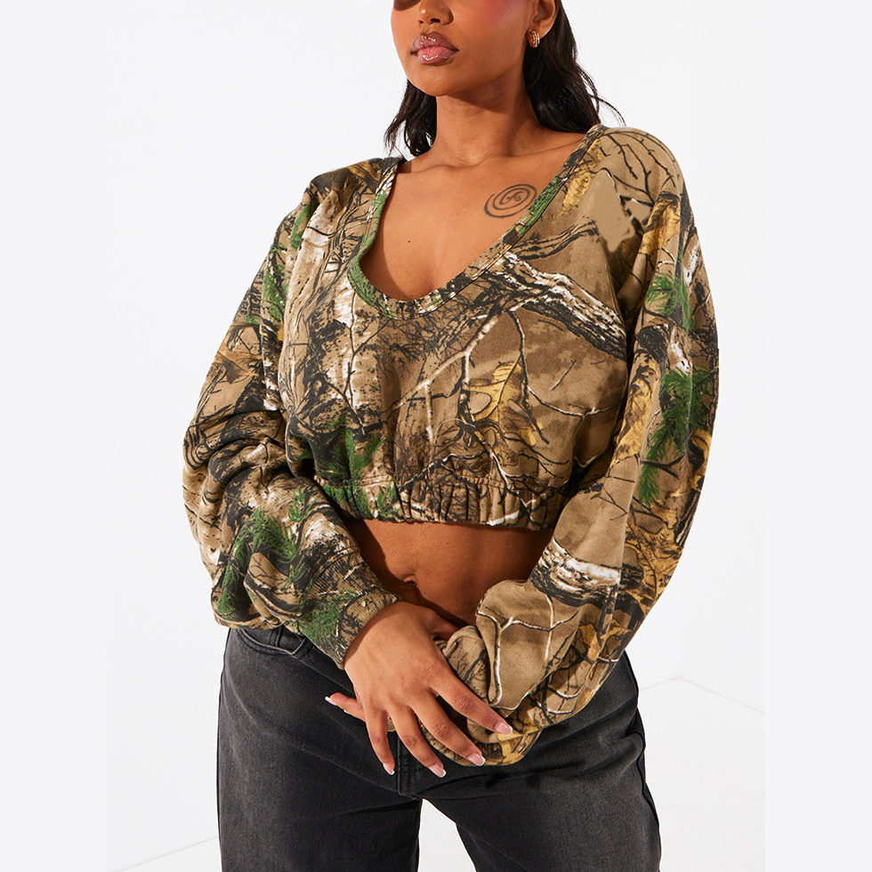 Fashion Crop Tops For Women's Real Tree Jungle Print Camo Forest Hunting Hiking Camping Long Sleeves Crop Tank Top