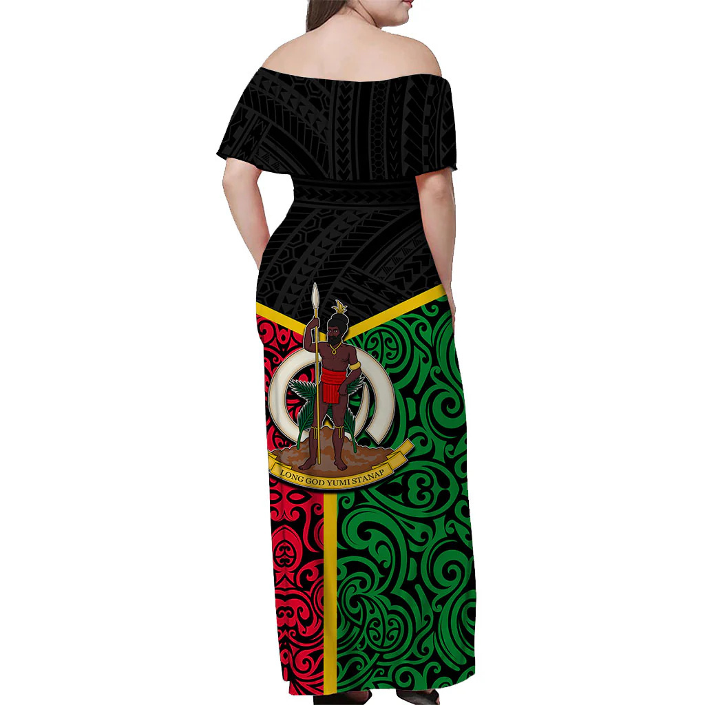 Factory made all over printed Vanuatu off shoulder long dress Polynesian pattern mixed flag dress custom wholesale