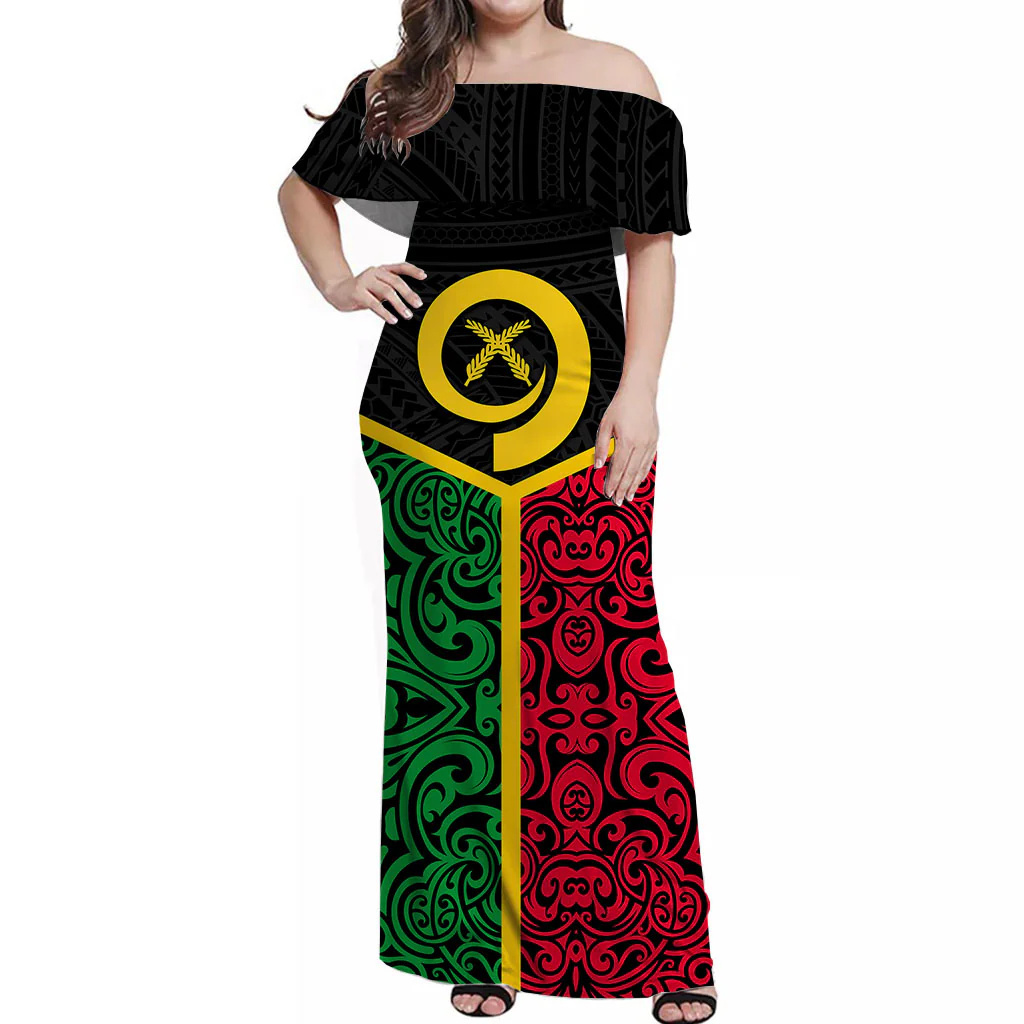 Factory made all over printed Vanuatu off shoulder long dress Polynesian pattern mixed flag dress custom wholesale