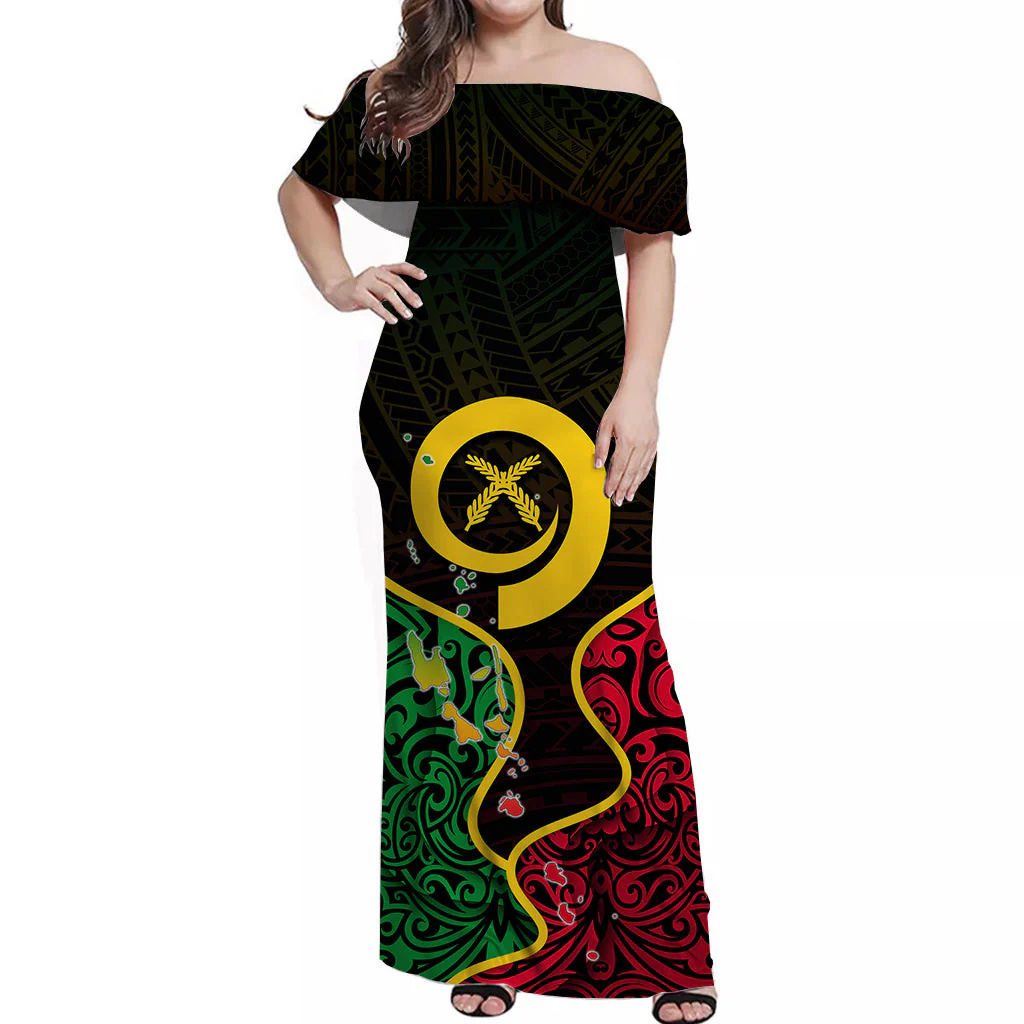 Factory made all over printed Vanuatu off shoulder long dress Polynesian pattern mixed flag dress custom wholesale