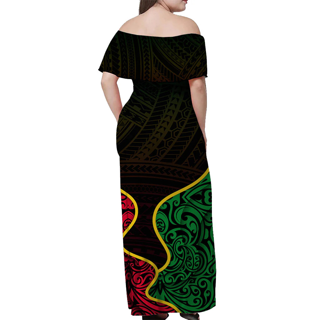 Factory made all over printed Vanuatu off shoulder long dress Polynesian pattern mixed flag dress custom wholesale