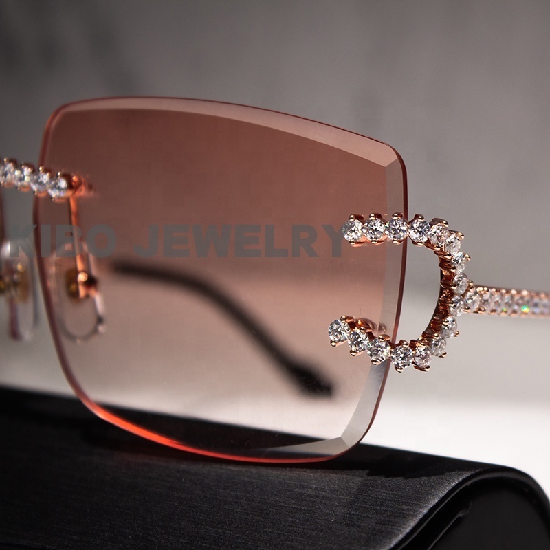 Luxury fashion style pink rimless sunglasses hip hop moissanite diamond sunglasses for men