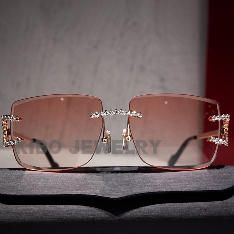 Luxury fashion style pink rimless sunglasses hip hop moissanite diamond sunglasses for men