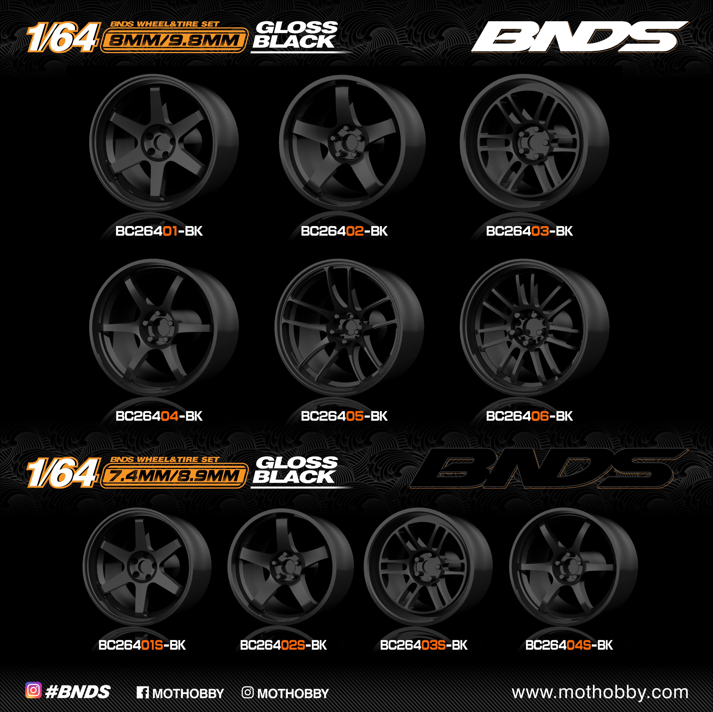 BNDS 1:64 scale ABS Wheels Rubber Tires by GLOSS BLACK Alloy Wheels Rubber Tires Gift Toys model car parts