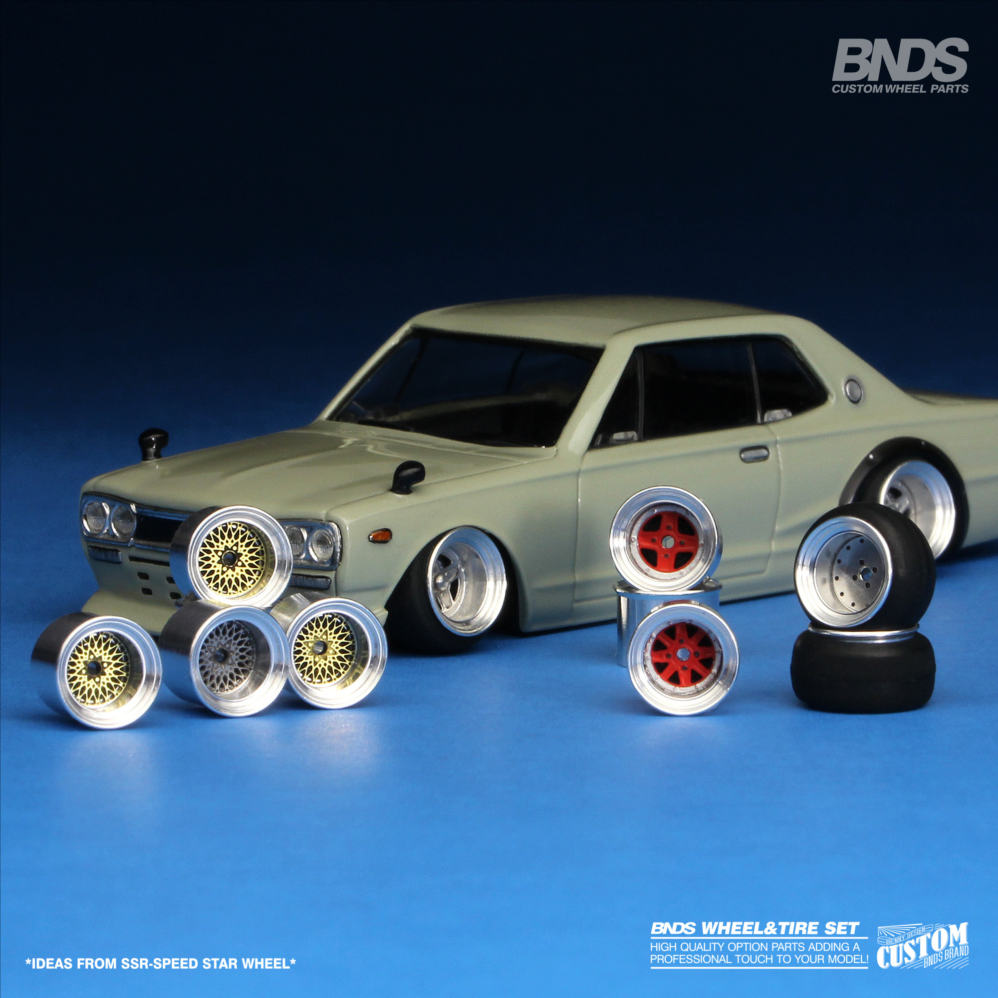 BNDS 1:64 HOT Metal Wheels Rubber Tires by Rim Custom Modified Parts JDM VIP Style Model Car Vehicle 4pcs Set BC64062