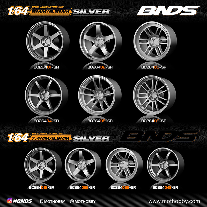 BNDS 1/64 ABS Wheels Rubber Tires by SILVER Assembly Rims Modified Parts JDM VIP Style for Model Car Vehicle 10/Set Boxes