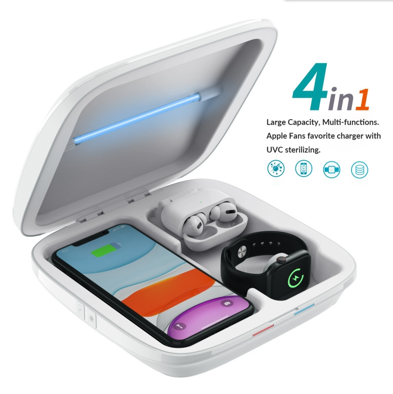 Customized Portable UV-C light Multifunctional 4 in 1 Wireless Charger Dock UV Sterilizer Disinfection Box