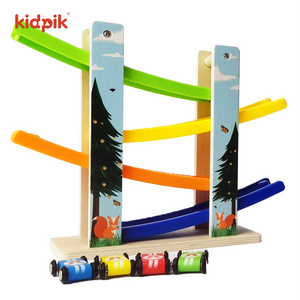 Kidpik Wholesale 2024 Funny Wooden Educational Toys Slide Ramp Race Track 4 Layer Small Car Ramps Toys For Kids Toddlers