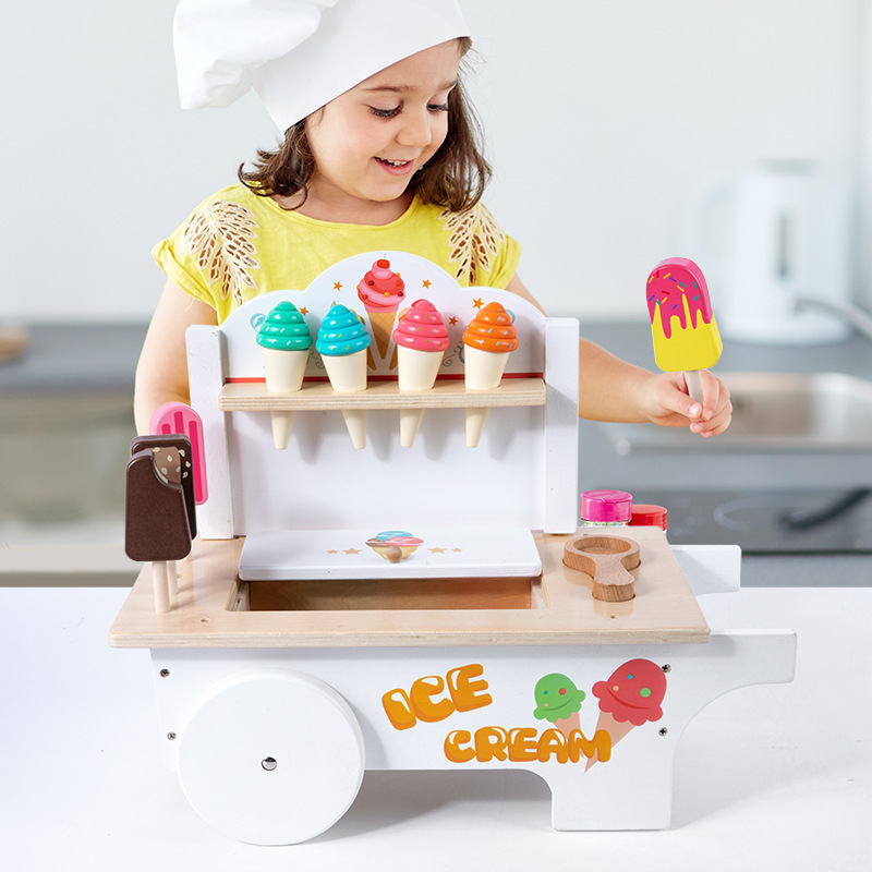 Kids Pretend Play Food Sorting Stacking Toys Wooden Ice Cream Cart Ice Cream Cart Doll House Ice Cream Cart With Wheels