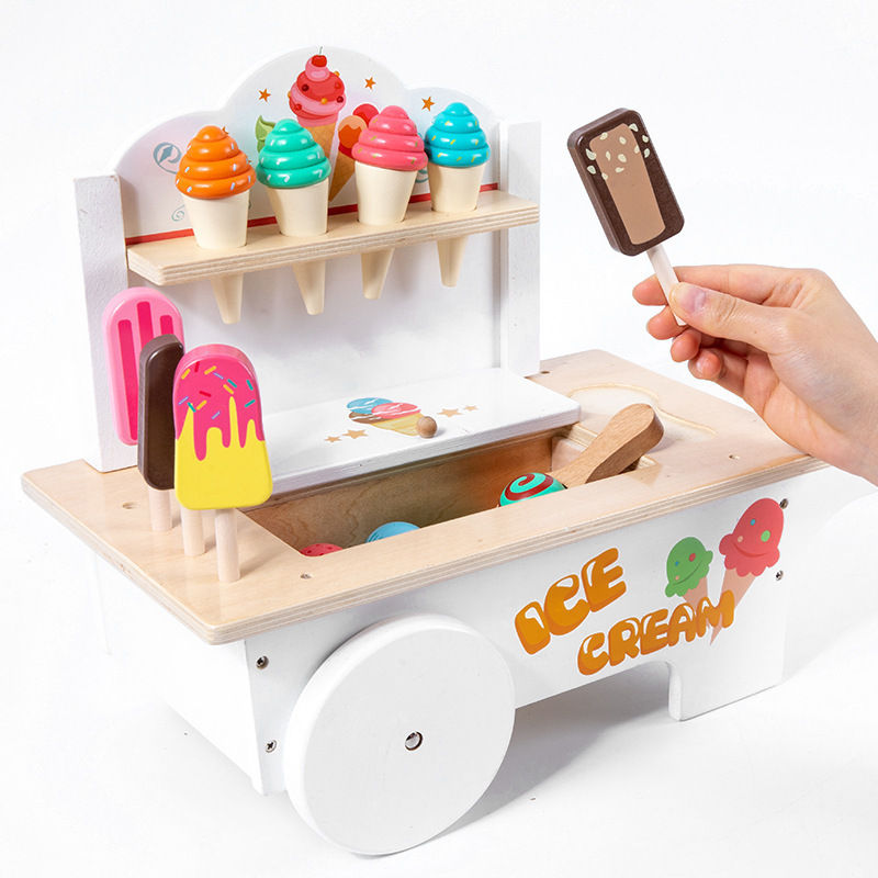 Kids Pretend Play Food Sorting Stacking Toys Wooden Ice Cream Cart Ice Cream Cart Doll House Ice Cream Cart With Wheels