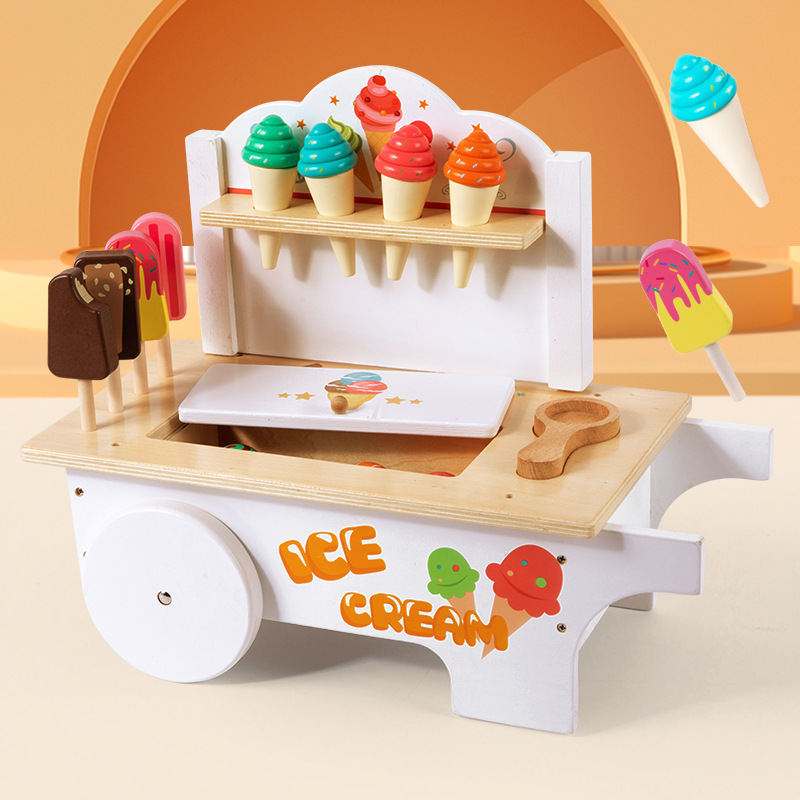 Kids Pretend Play Food Sorting Stacking Toys Wooden Ice Cream Cart Ice Cream Cart Doll House Ice Cream Cart With Wheels