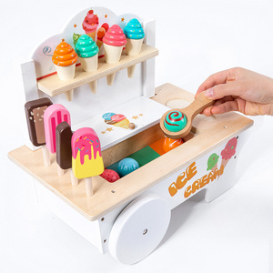 Kids Pretend Play Food Sorting Stacking Toys Wooden Ice Cream Cart Ice Cream Cart Doll House Ice Cream Cart With Wheels