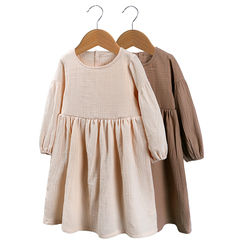 Wholesale kids girls clothes toddler baby girl dresses custom linen cotton outfits long sleeve dress