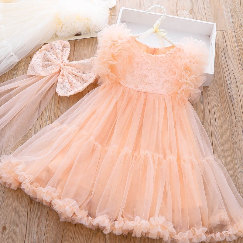 Girls Big Skirt Tutu Dress 2023 Summer New Children Puffy Yarn Princess Dress with Bow Tie Veil