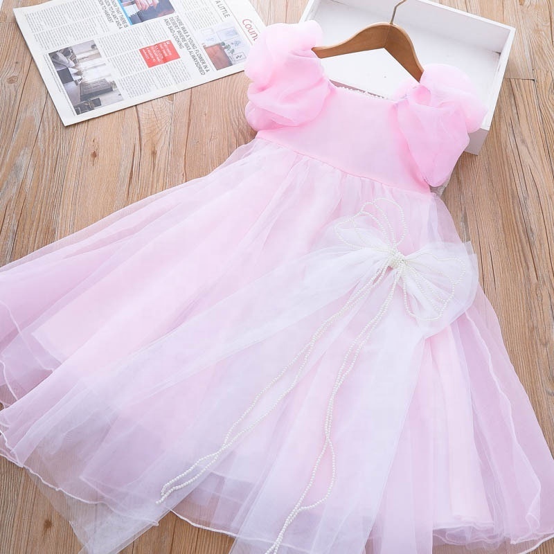 Girls Summer Dress 2023 New Dream Garden Princess Long Dress Pearl Bow Veil