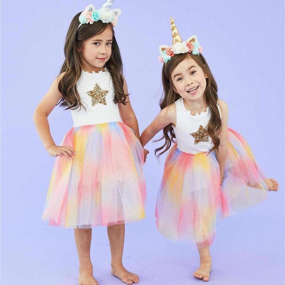 Baby Girls Unicorn Princess Tutu Dress Flower Girls Rainbow dress Birthday Party Costume Children Summer Tulle Star dress