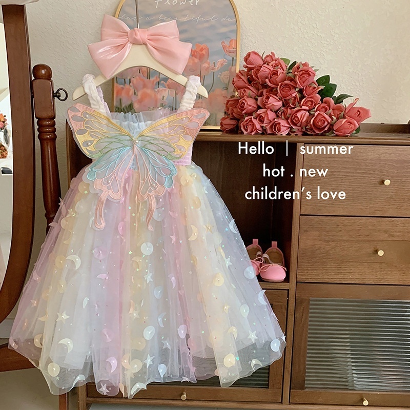 Hot sale baby girl party dress rainbow color kids tulle tutu princess dress with butterfly wings