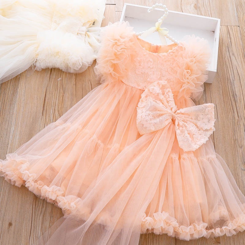 Girls Big Skirt Tutu Dress 2023 Summer New Children Puffy Yarn Princess Dress with Bow Tie Veil