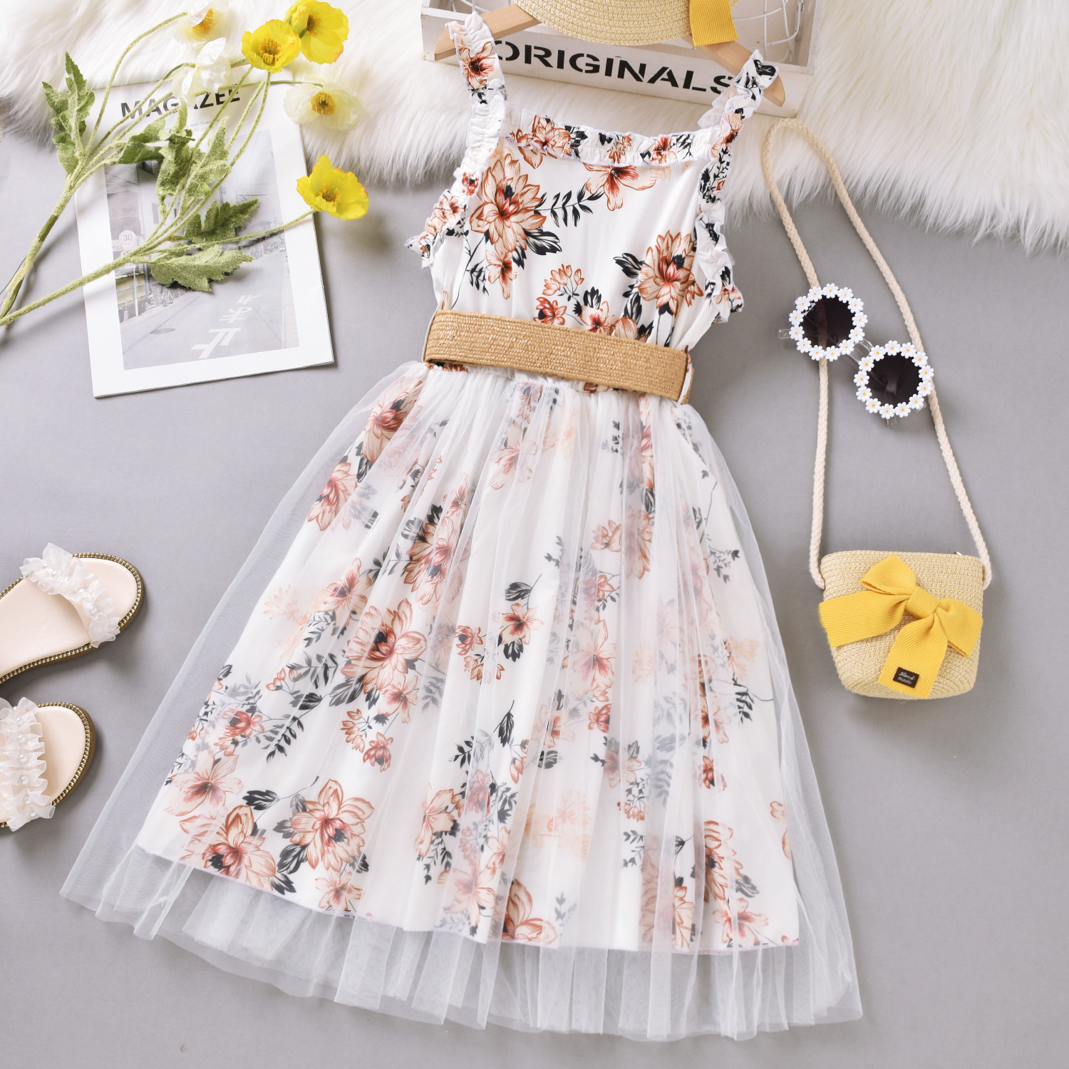 Summer Sweet Girls Floral Casual Princess Dress girls Flower Tulle  Dress With Belt Suit