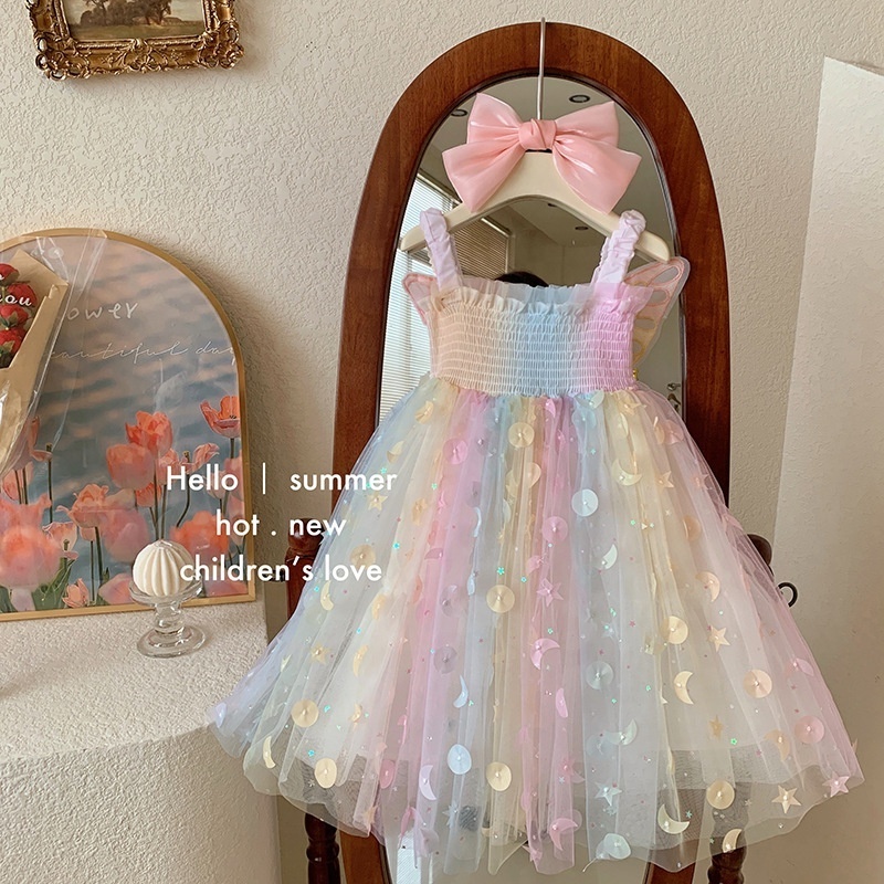 Hot sale baby girl party dress rainbow color kids tulle tutu princess dress with butterfly wings